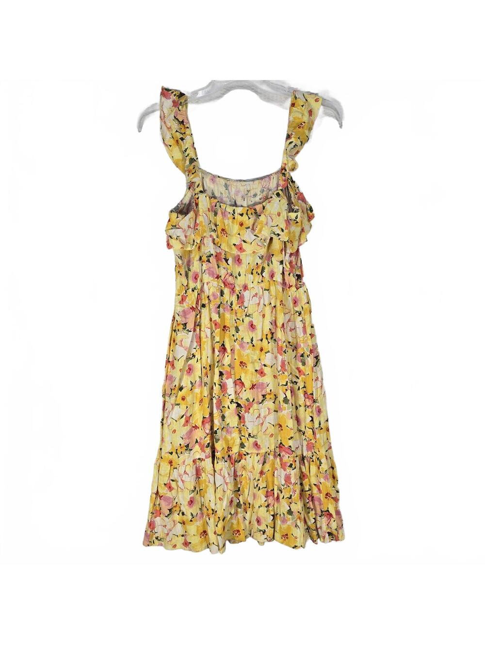 Lauren Conrad Floral Ruffle Sun Dress Large Yellow Rayon Linen Boho Cottagecore - Picture 3 of 6
